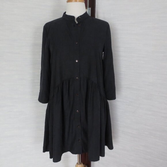 Zara Black Lyocell Blend Gathered Mini Summer 3/4 Sleeve Shirt Dress Sundress - Picture 1 of 5